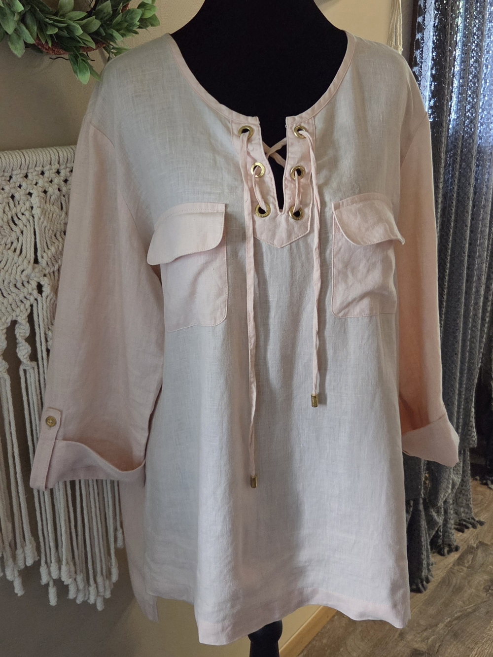 Ellen Tracy Blush Pink Lace-Up 100% Linen Tunic Size L